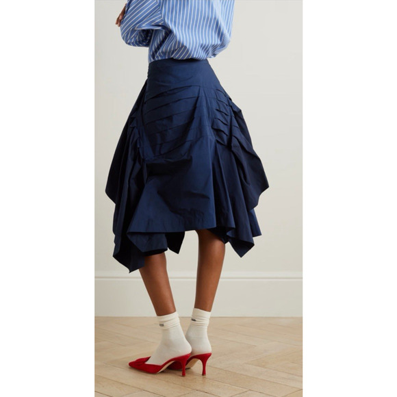 Dries Van Noten Skirt 34 XS Blue Knee Asymmetrical Taffeta Pintucked Designer - Picture 2 of 9